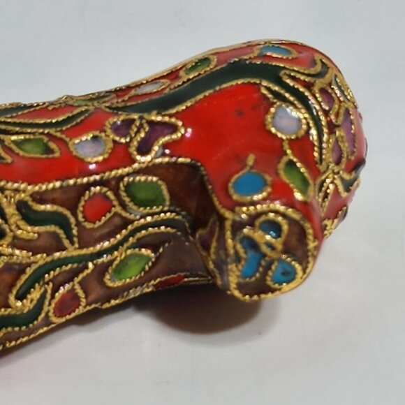 Enameled Cloisonne Miniature Shoe With Floral Design & Gold Detailing - Picture 8 of 10